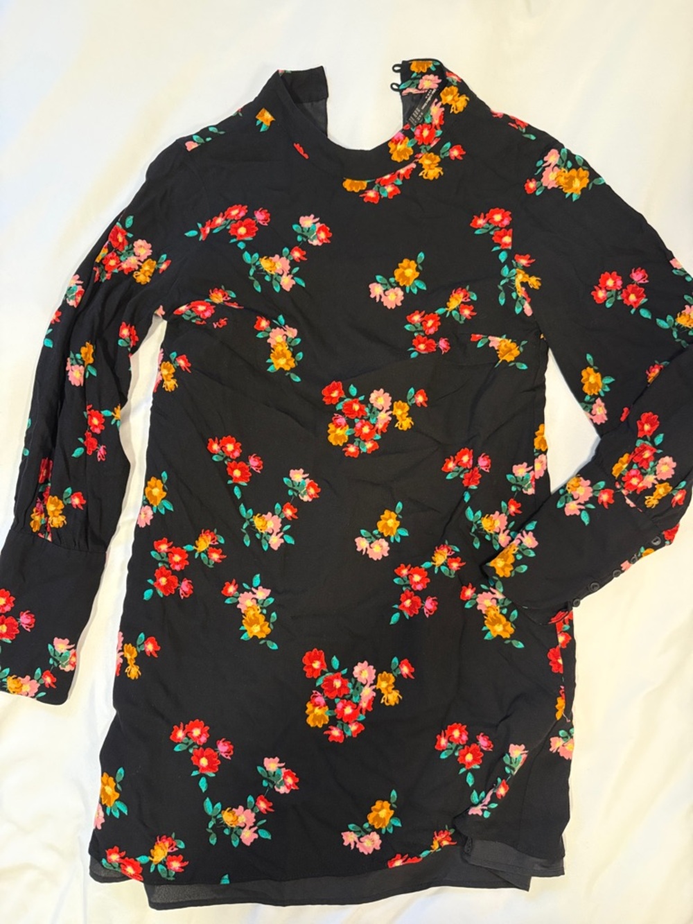 Zara Black Floral Mini Dress with Red, Yellow & Pink Blooms